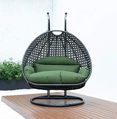 LeisureMod 2 Person Hanging Double Swing Chair, X-Large Wicker Rattan Egg Chair with Stand and Cushion for Indoor Outdoor Patio Garden (Light Green)