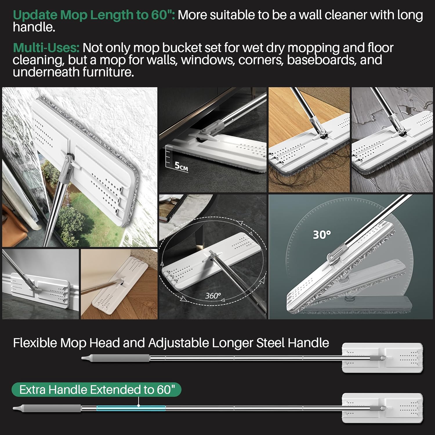 JOYMOOP mop and bucket with Wringer Set, Flat ,for floor cleaning with 3 Microfiber Pads, Wet and Dry Use, Household cleaning Tools, for Hardwood, Laminate, Tile