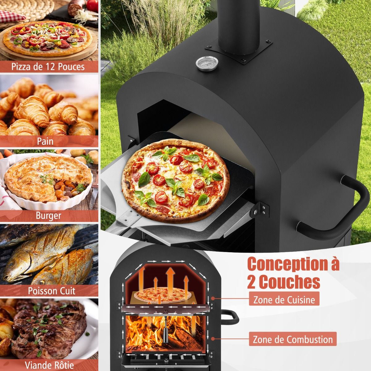 Four à Pizza Extérieur au Charbon avec Pelle à Pizza Pierre à Pizza Housse Étanche Cheminée et Thermomètre Double Noir