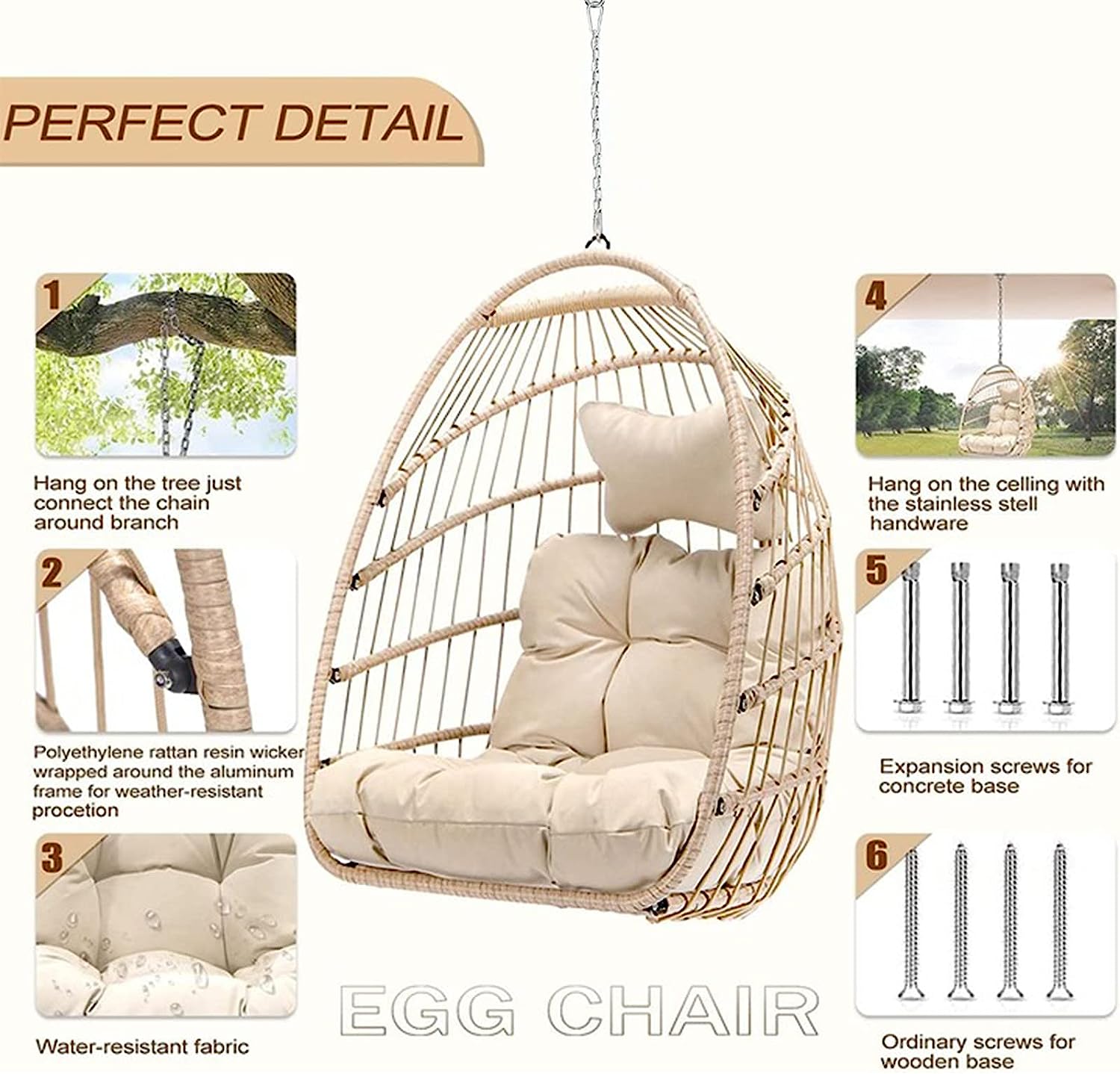 Swing Egg Chair Without Stand Indoor Outdoor Wicker Rattan Patio Basket Hanging Chair with UV Resistant Cushions 265lbs Capaticy for Bedroom Balcony Patio (Without Stand)