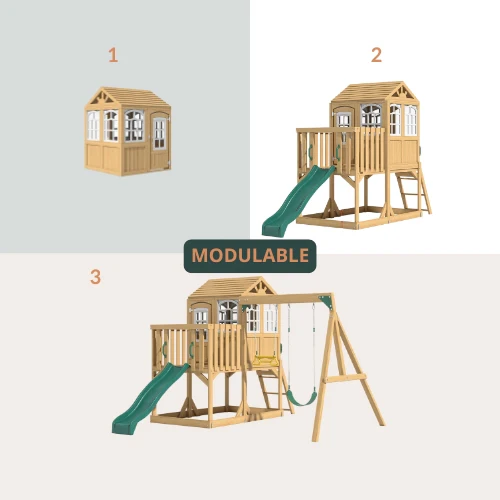 Aire de jeux enfant Montessori - 3 en 1 Balançoire, Toboggan, Cabane en bois modulable