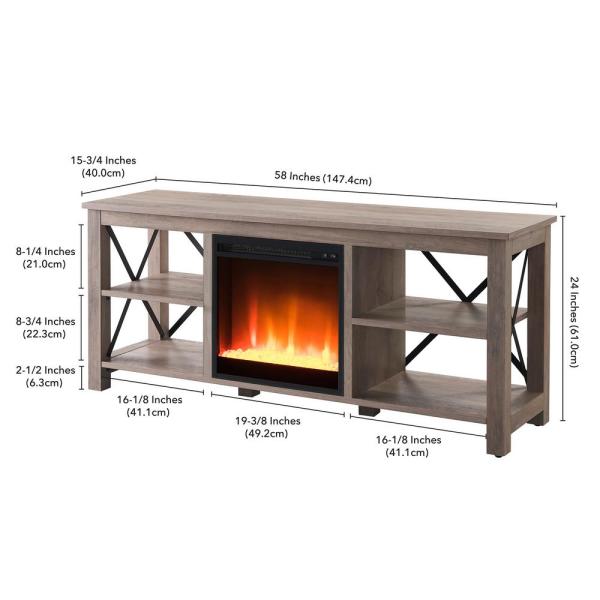 Sawyer 58 in. Gray Oak TV Stand Fits TV's up to 65 in. with Crystal Fireplace Insert
