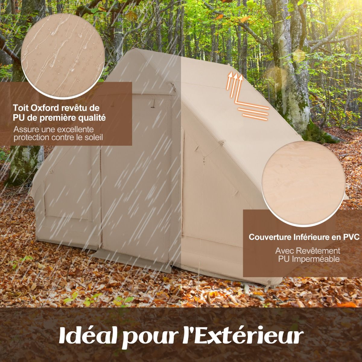 Tente de Camping Gonflable 6 m² pour 4-6 Personnes Tente en Coton Coupe-vent et Imperméable avec Pompe 7 Fenêtres à Moustiquaire Beige