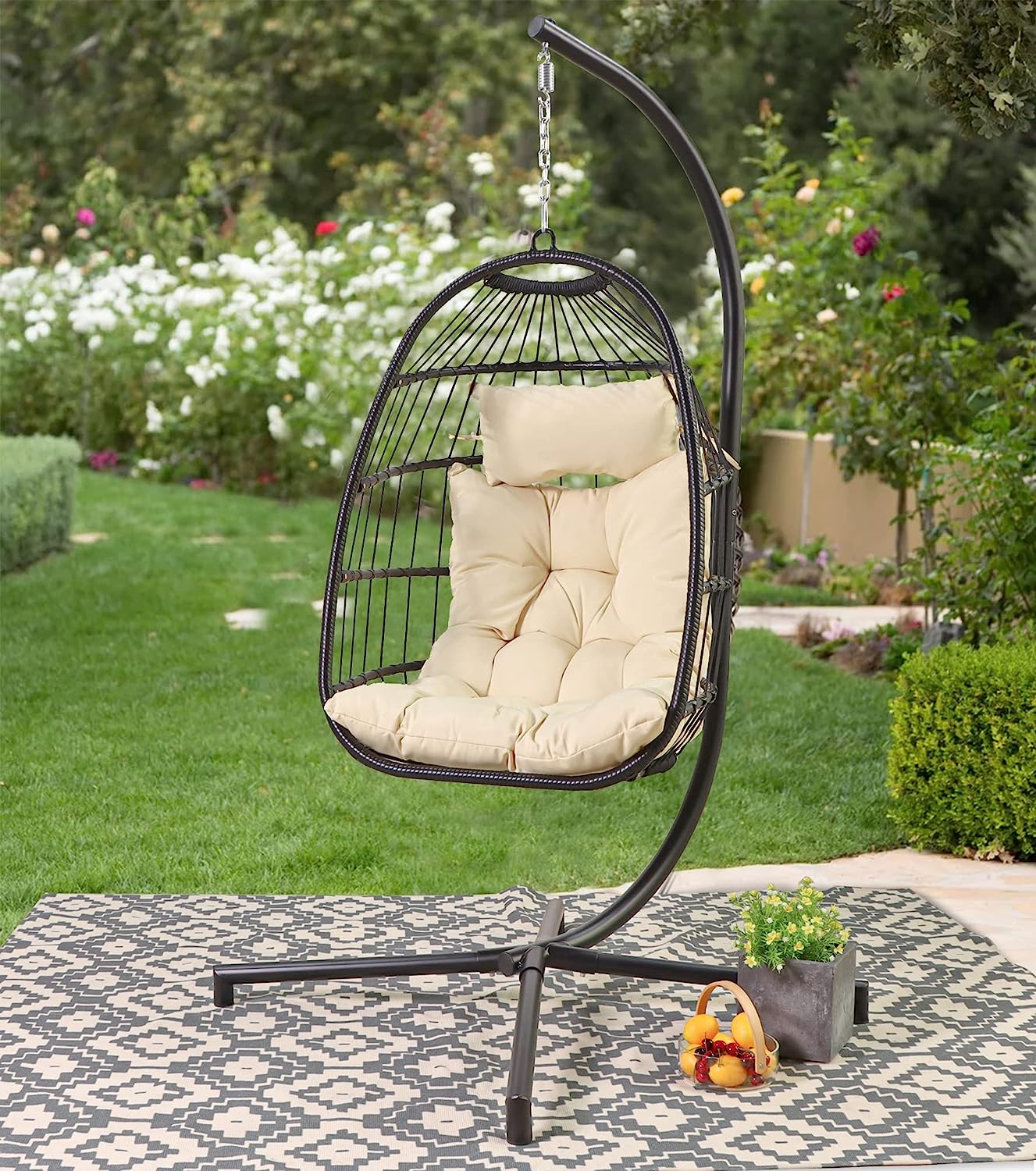 Avenlur Outdoor Patio Hanging Chair - Hammock Swing Egg Chair with Stand, Indoor/Outdoor Hanging Chair for Patio Bedroom Balcony (Black)