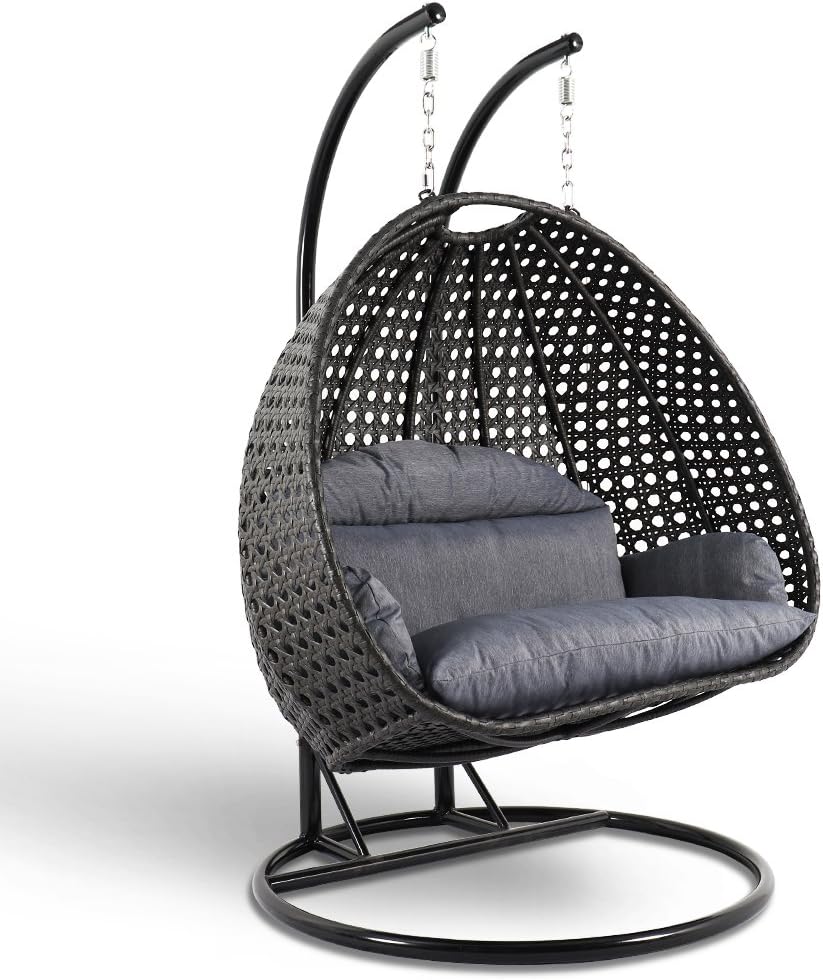 LeisureMod 2 Person Hanging Double Swing Chair, X-Large Wicker Rattan Egg Chair with Stand and Cushion for Indoor Outdoor Patio Garden (Light Green)