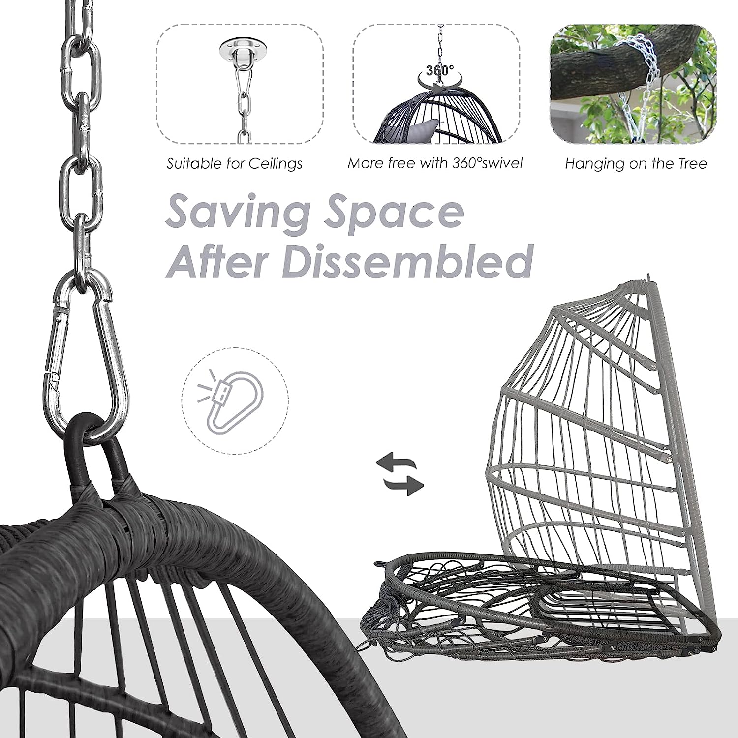 RADIATA Foldable Wicker Rattan Hanging Egg Chair with Stand, Swing Chair with Cushion and Pillow, Lounging Chair for Indoor Outdoor Bedroom Patio Garden (Beige with Stand)