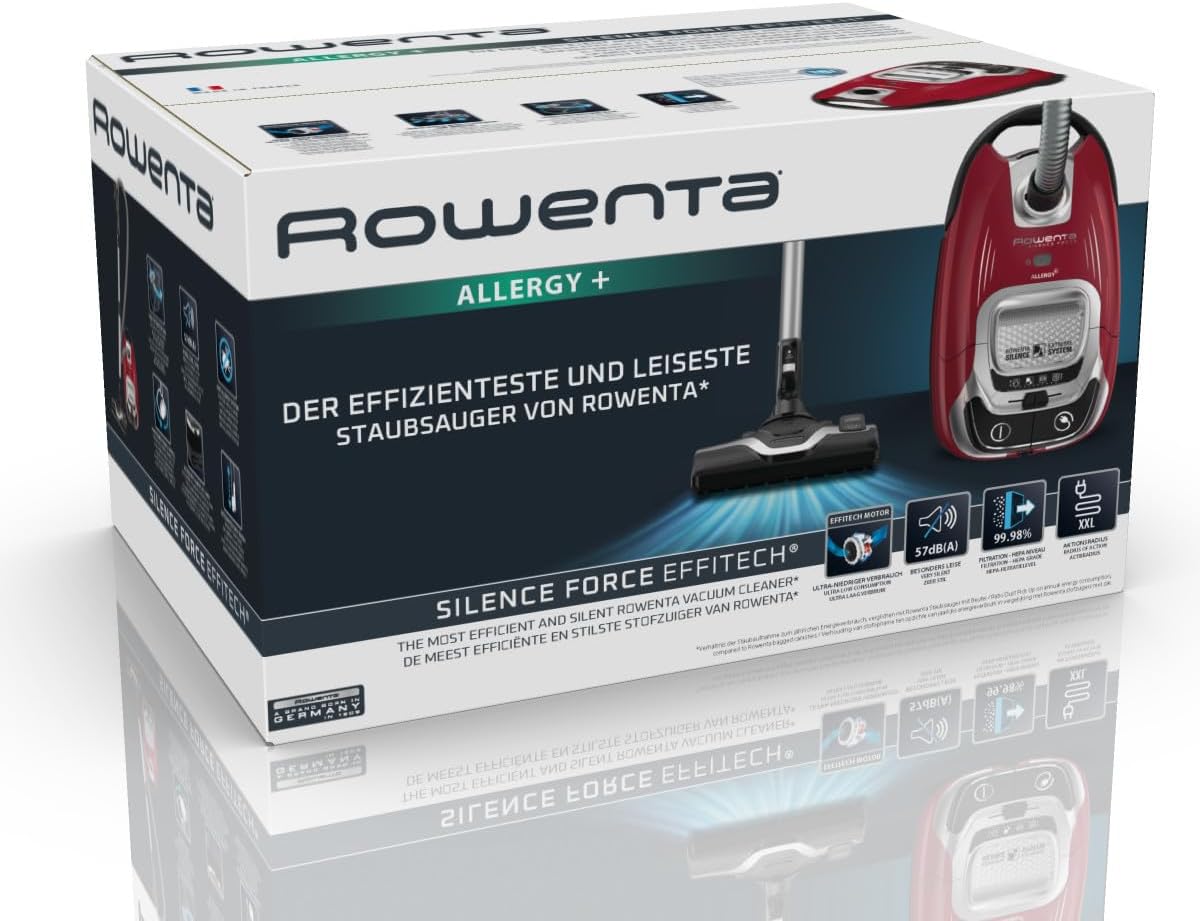 ROWENTA Silence Force Effitech Aspirateur avec Sac, Silencieux 57 DB(A), Basse consommation, Haute Filtration, Rayon d'action 12 m, Fabriqué en France RO7451EA, Bleu