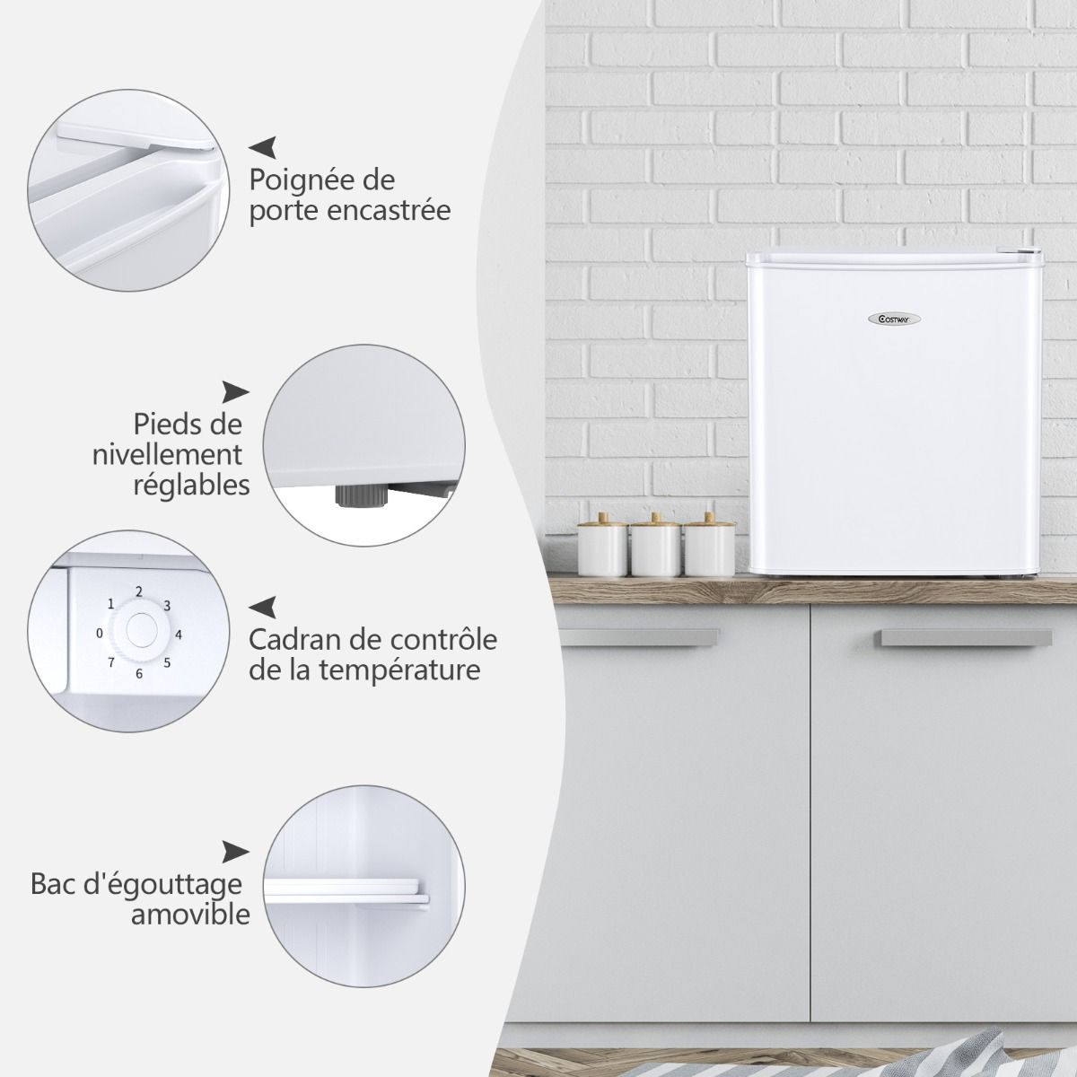 Mini Réfrigérateur 48L, 2 niveaux et porte-bouteille, bac à légumes, Silencieux 230V, 46 x 44 x 49 cm, Blanc