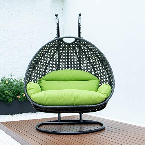 LeisureMod 2 Person Hanging Double Swing Chair, X-Large Wicker Rattan Egg Chair with Stand and Cushion for Indoor Outdoor Patio Garden (Light Green)