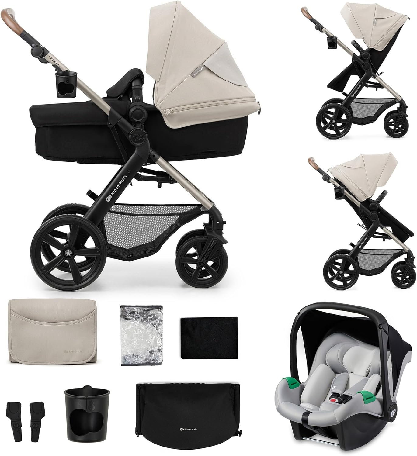 Kinderkraft MOOV2 Poussette 3 en 1, Système de voyage de la naissance à 27 kg, Siège auto Mink PRO I-Size inclus, Capote extensible avec filtre UPF50+, Accessoires pratiques, Gris