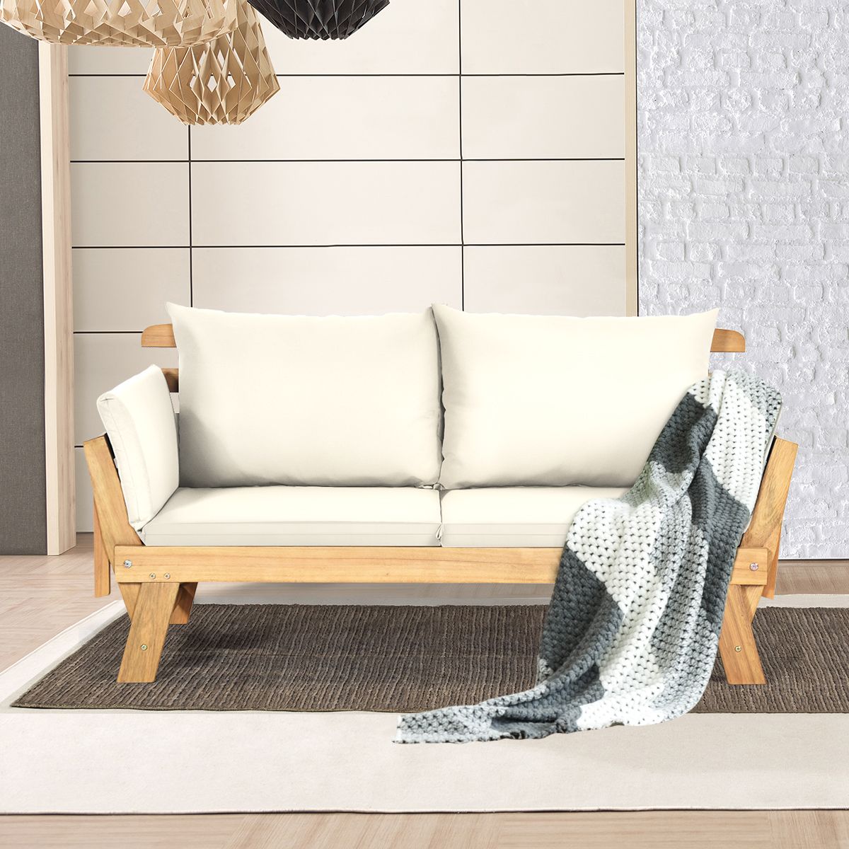 Chaise Longue Convertible avec Coussin Canapé de Jardin 2 en 1 en Bois d’Acacia avec Accoudoir Réglable pour Patio Piscine Jardin Blanc/Gris/Bleu/Rouge