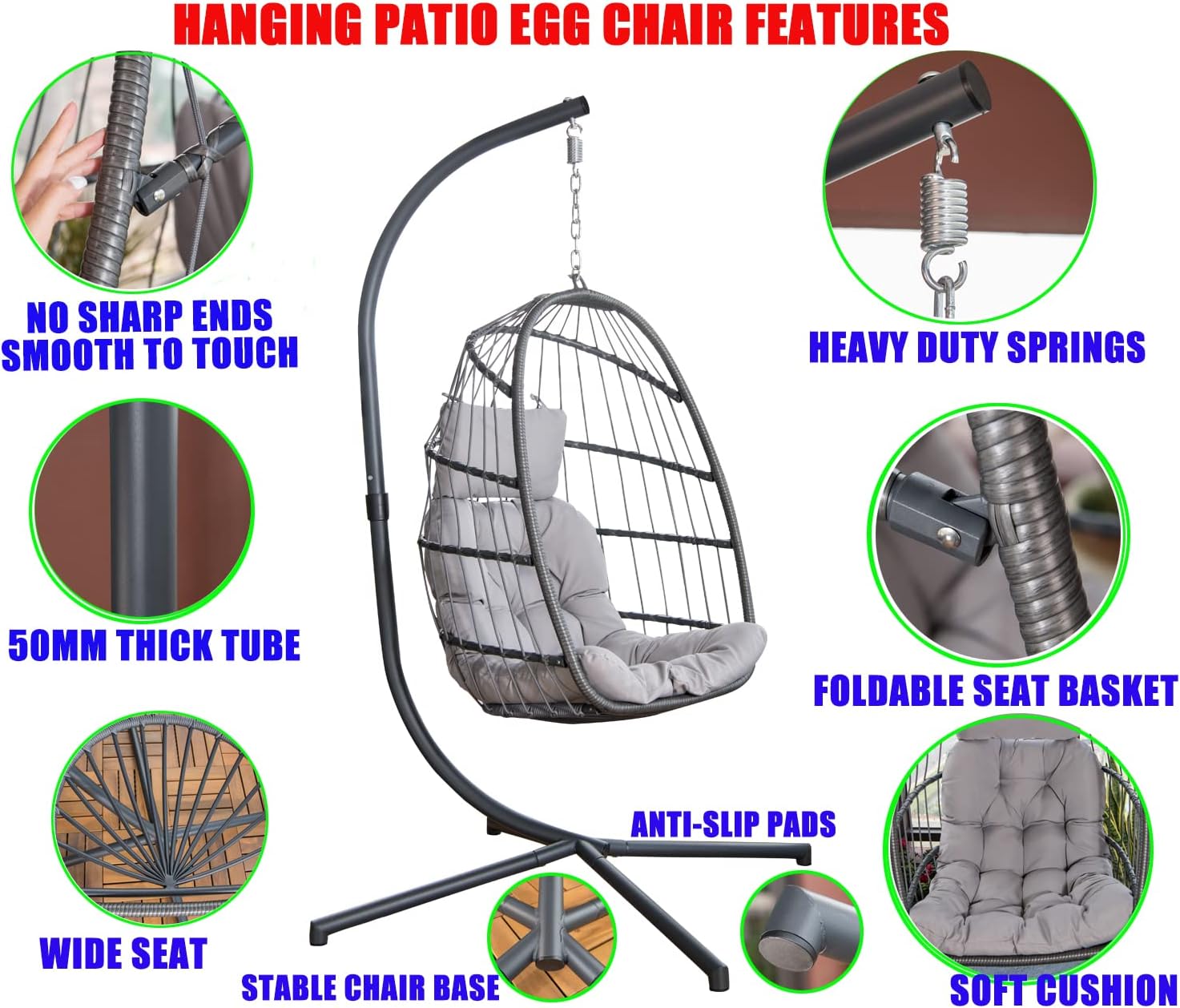 Mojia Patio Wicker Hanging Egg Swing Chair with Stand, Hammock Egg Chairs Foldable UV Resistant Cushions 440lbs Capaticy (Gray)