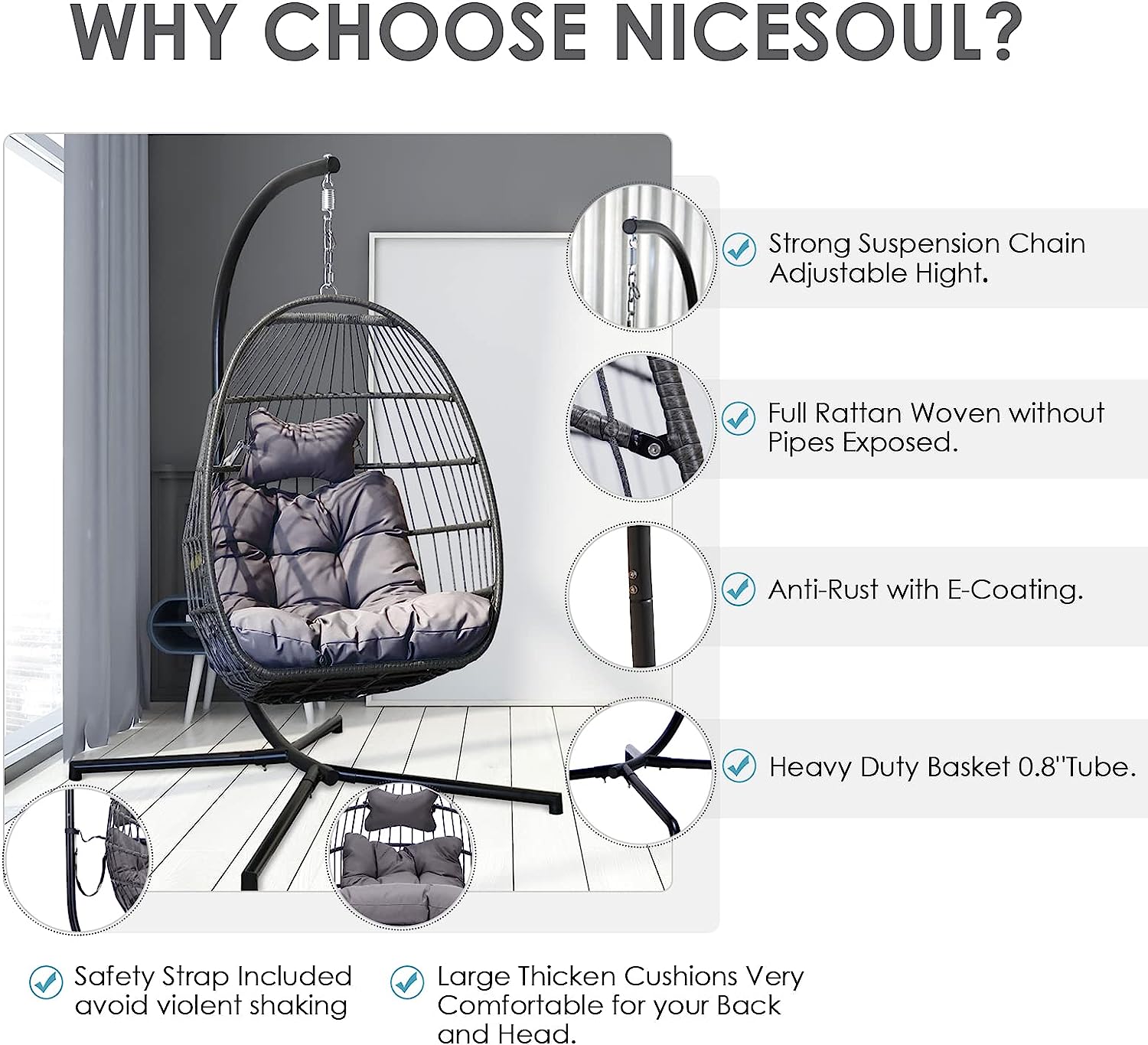 NICESOUL® Indoor Outdoor Patio Wicker Hanging Chair Swing Egg Basket Chairs with Stand UV Resistant Cushions 350lbs Capaticy for Patio Backyard Balcony Xmas Gift