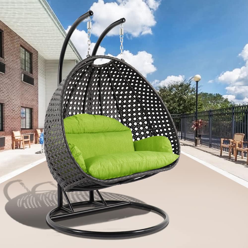 LeisureMod 2 Person Hanging Double Swing Chair, X-Large Wicker Rattan Egg Chair with Stand and Cushion for Indoor Outdoor Patio Garden (Light Green)