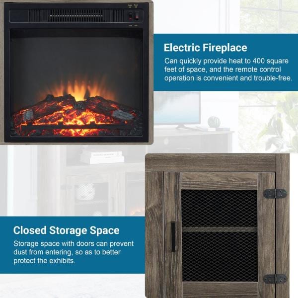 58.25 in. TV Stand Cabinet Sideboard with Electric Fireplace Grey Fits TV's Up to 65 in. with Ajustable Shelves