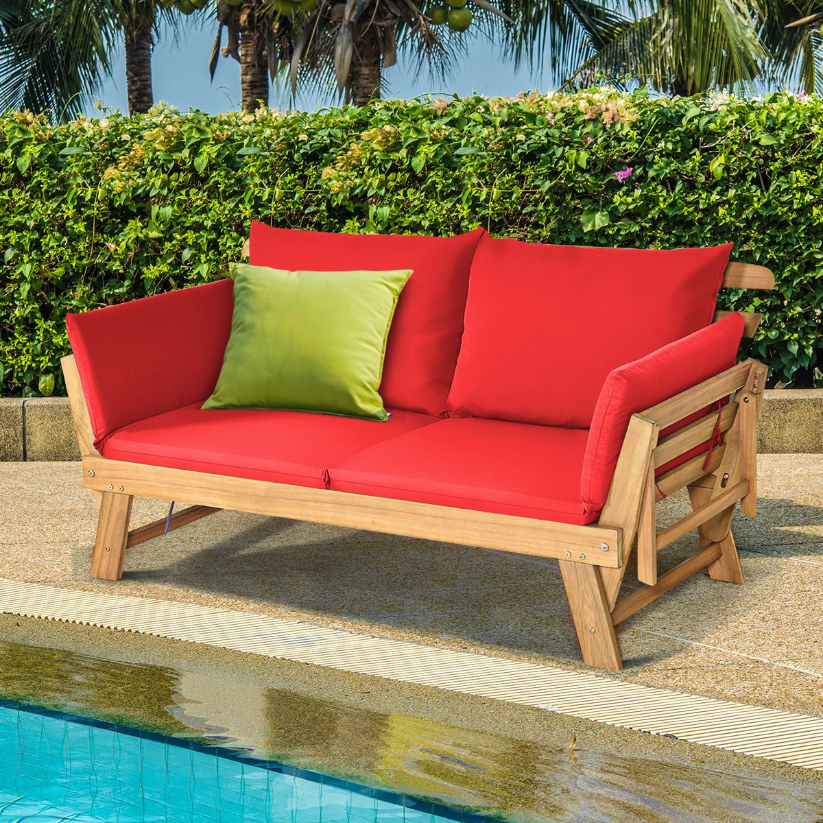 Chaise Longue Convertible avec Coussin Canapé de Jardin 2 en 1 en Bois d’Acacia avec Accoudoir Réglable pour Patio Piscine Jardin Blanc/Gris/Bleu/Rouge