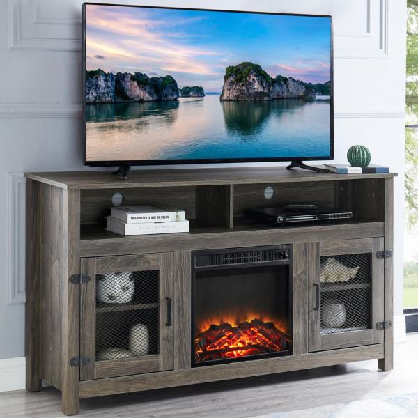 58 in. Gray Electric Fireplace TV Stand Fits TV's up to 65 in. with 2-Storage Shelves and Metal Mesh Barndoor Cabinet