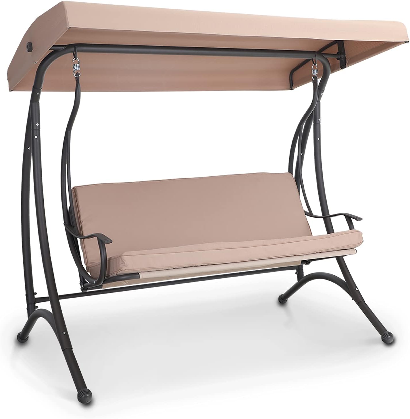 MFSTUDIO 3 Seat Patio Porch Swing, Outdoor Adjustable Canopy Swing Glider with Foldable Side Table and Removable Cushion for,Garden, Poolside, Balcony, Backyard (Beige) …