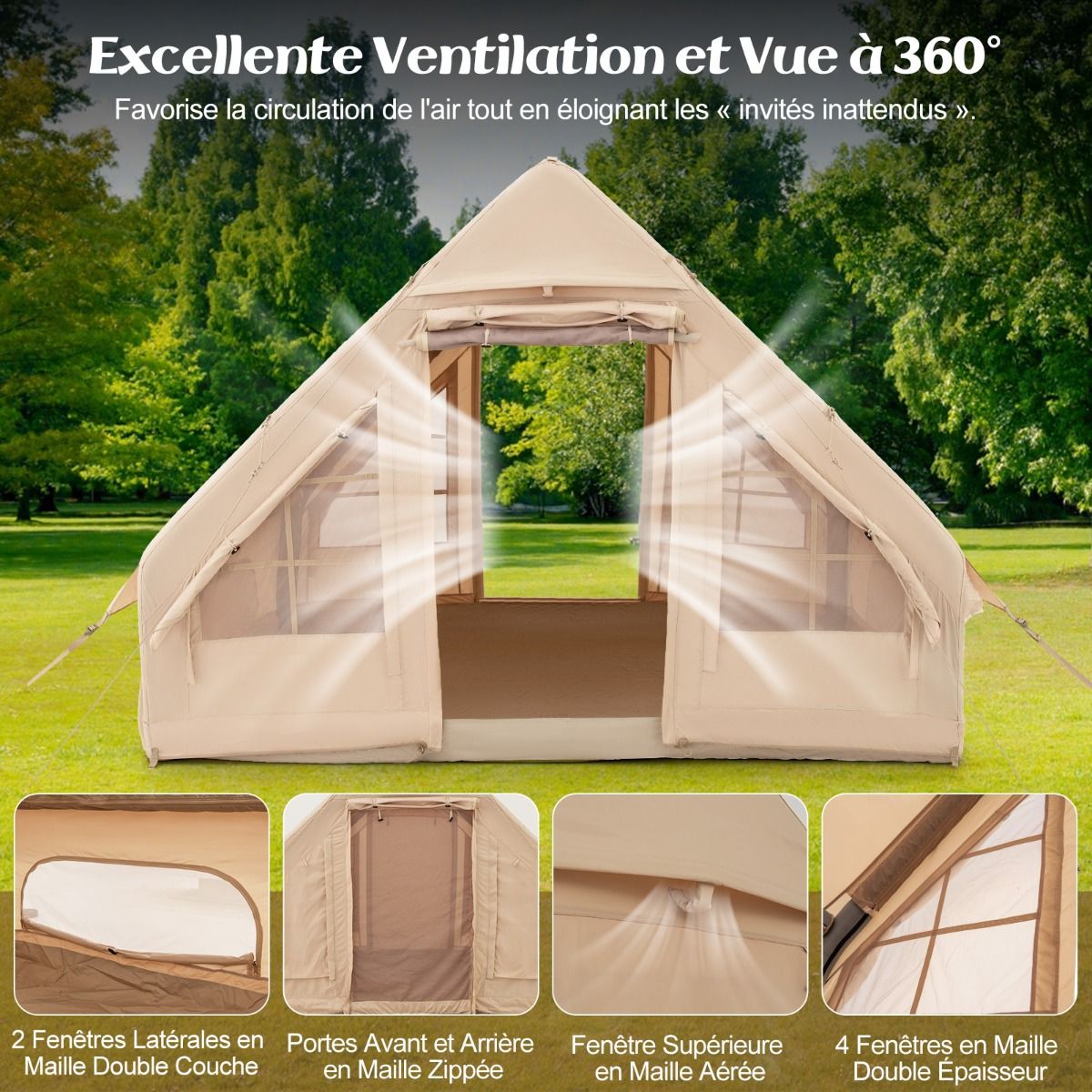 Tente de Camping Gonflable 6 m² pour 4-6 Personnes Tente en Coton Coupe-vent et Imperméable avec Pompe 7 Fenêtres à Moustiquaire Beige