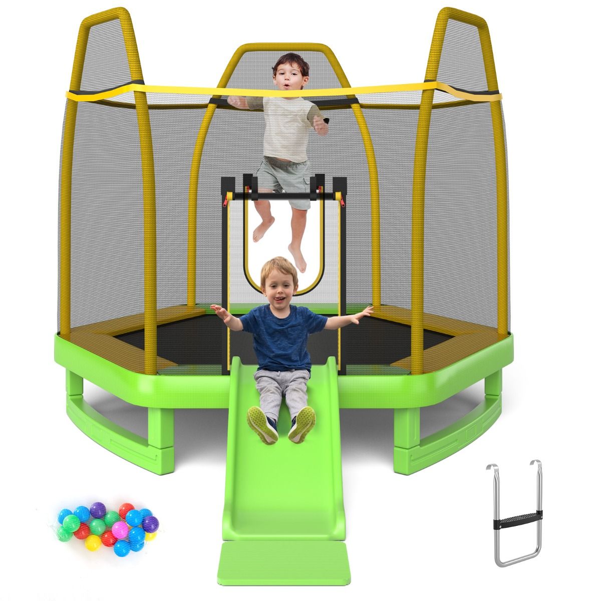 Trampoline Extérieur Ø 223cm avec Toboggan&Echelle avec Filet de Sécurité 2 Portes en U Charge 270kg pour 2-3 Enfants de 3 Ans+ Bleu/Vert