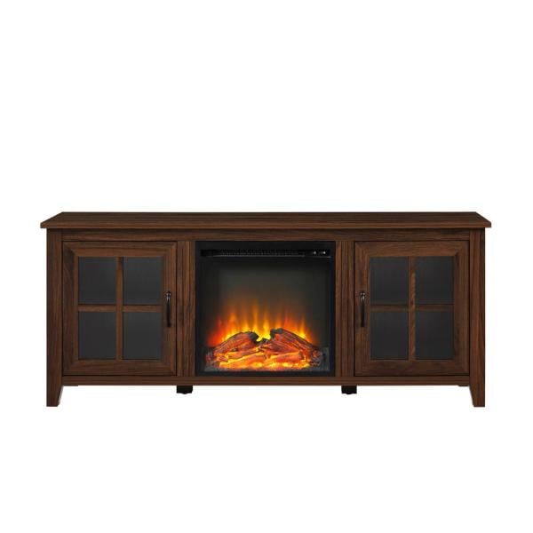 58 in. Dark Walnut Wood and Glass Transitional 2-Door Windowpane Fireplace TV Stand Fits TVs up to 65 in.