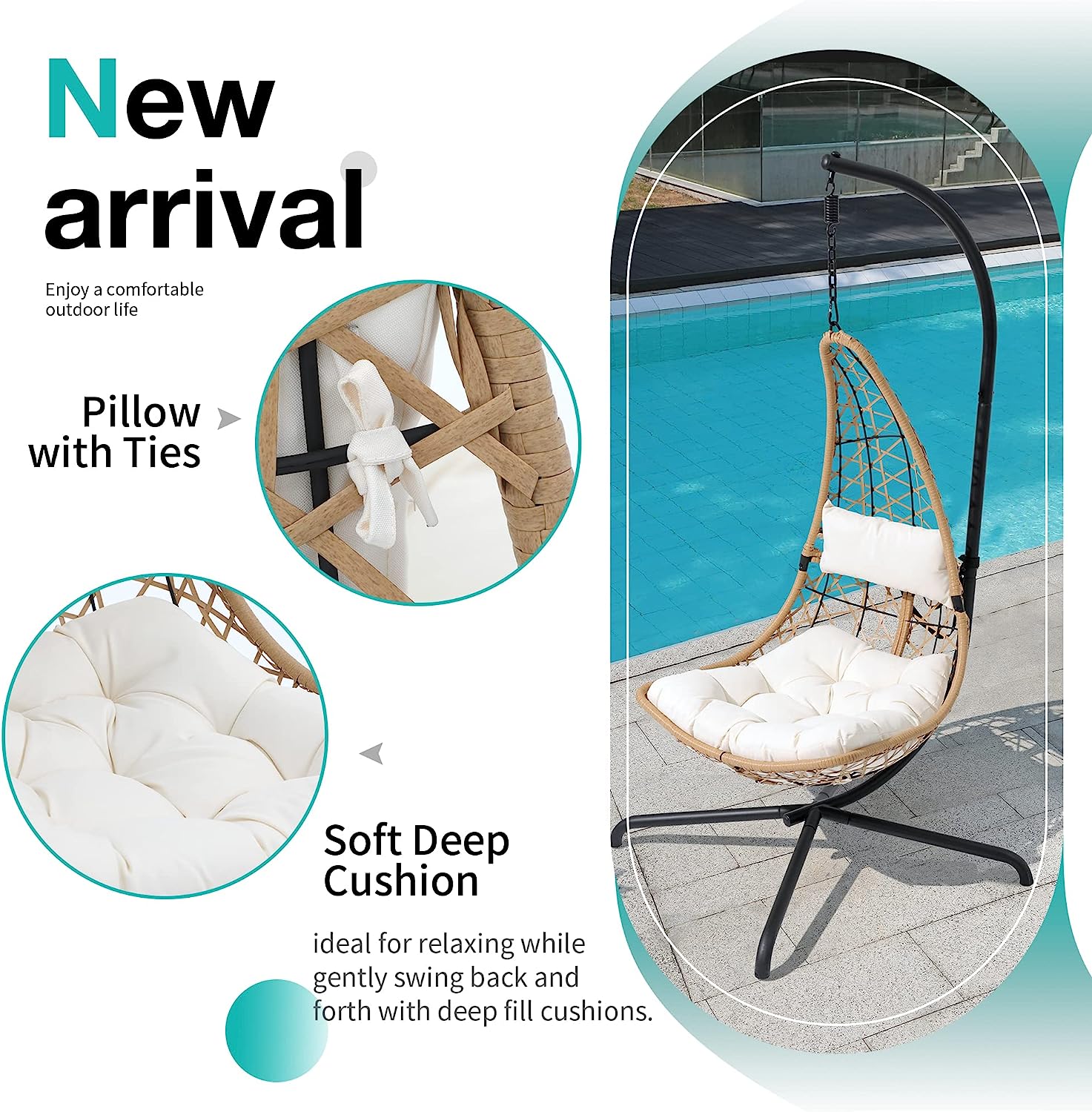 SUNSITT Swing Egg Chair Outdoor Indoor Wicker Hammock Hanging Chair Patio Lounge Chair with Stand and Cushions for Balcony, Deck, Bedroom, Grey Wicker