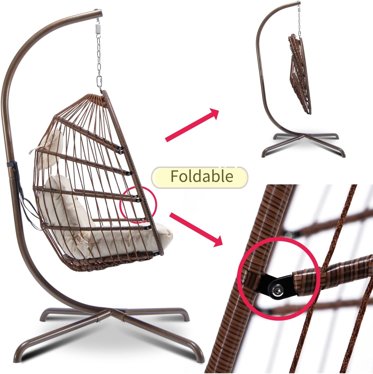 in Door Outdoor Patio Wicker Hanging Chair Swing Chair Patio Egg Chair UV Resistant Beige Cushion Aluminum Frame (Brown)