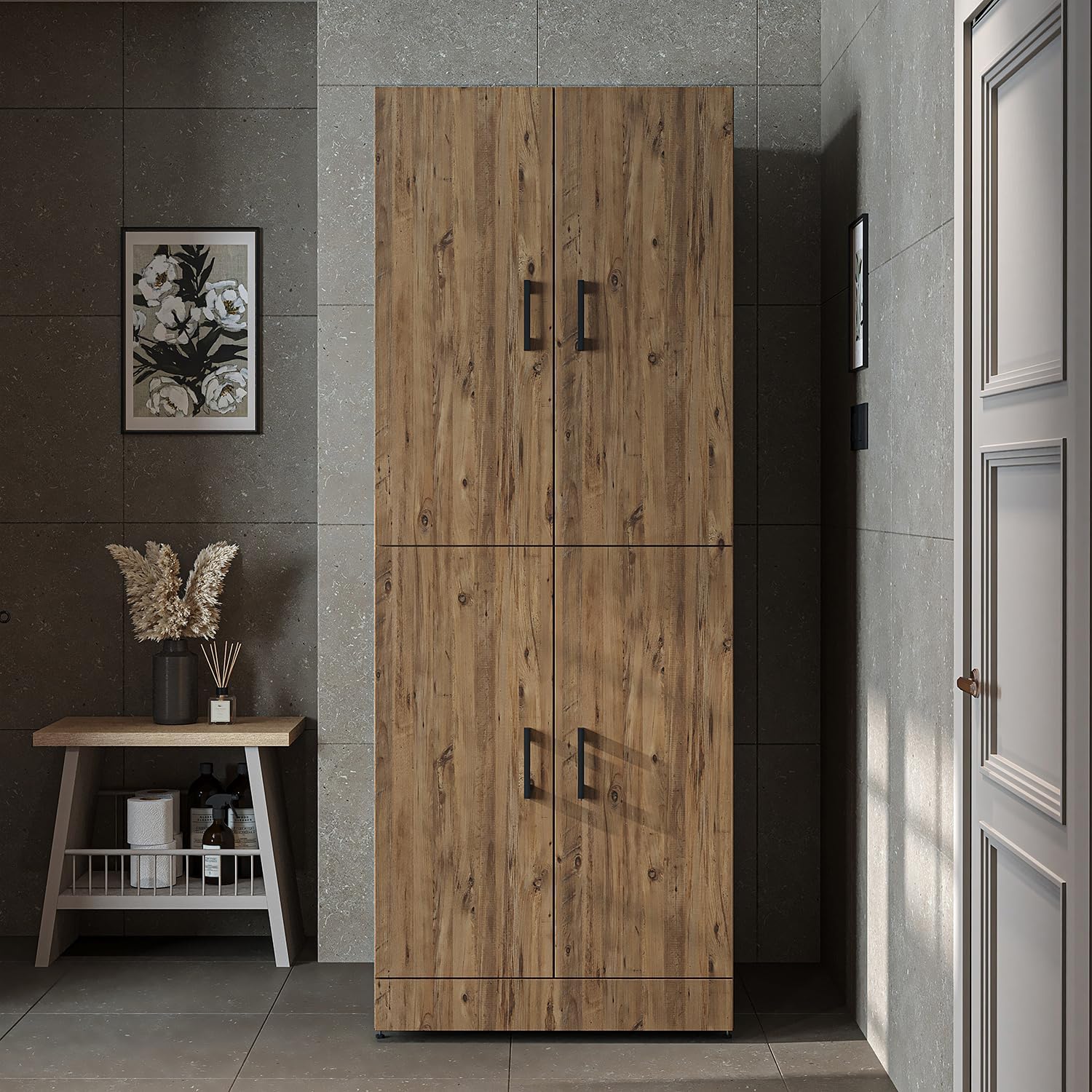 ROOMART Dora Armoire de machine à laver, pour sèche-linge et machine à laver, en 4 couleurs, avec portes et planche coulissante (chêne anthracite)