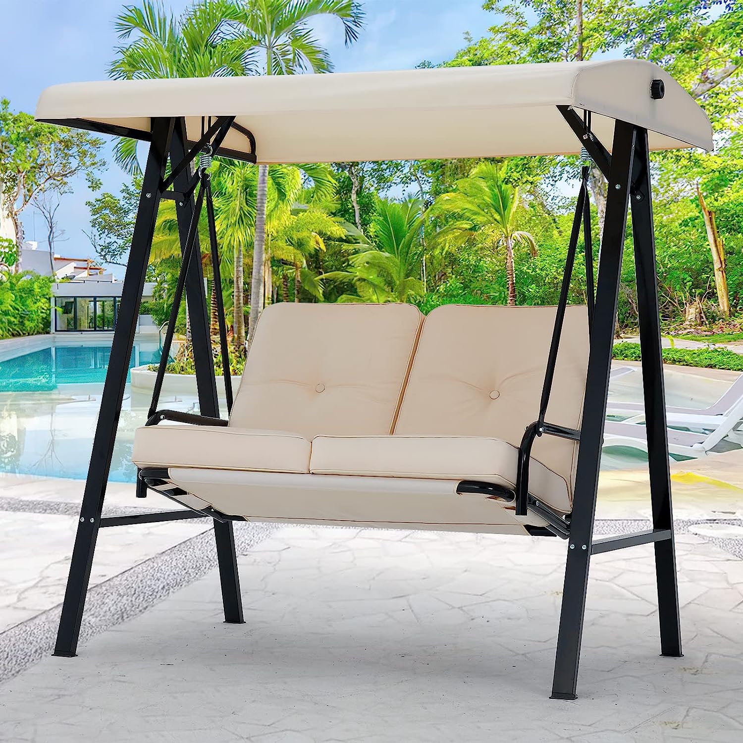 AECOJOY 3-Seat Outdoor Porch Swing with Adjustable Backrest and Canopy, Patio Swing w/Removable Cushions Outdoor Swing Bed for Porch, Backyard, Poolside, Beige