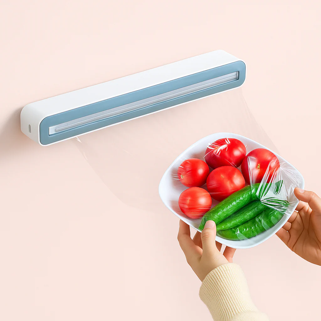 Design Husholdningsfilm Dispenser - Høj Kvalitet, Hvid og Lyseblå, Kompakt og Moderne