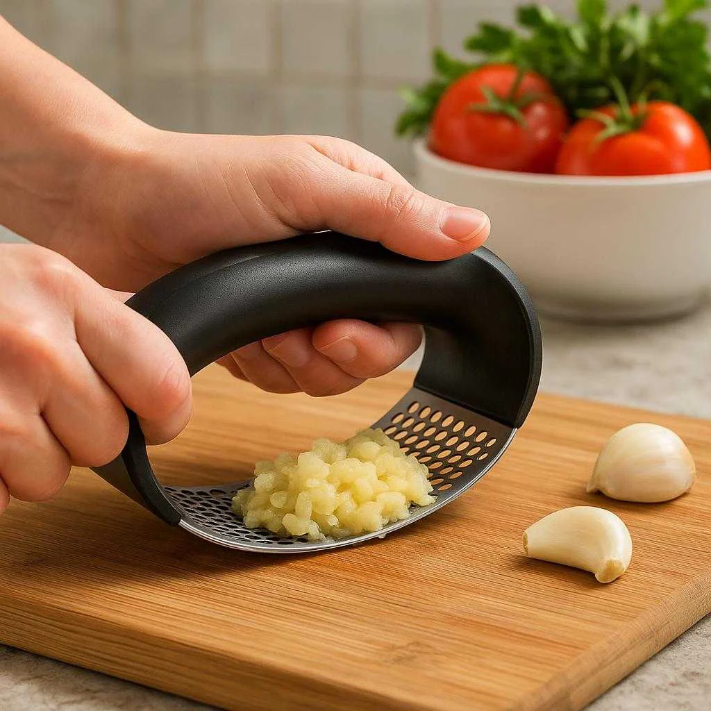 Design Rustfri Hvidløgspresser - Ergonomisk Sølv & Sort Køkkenredskab