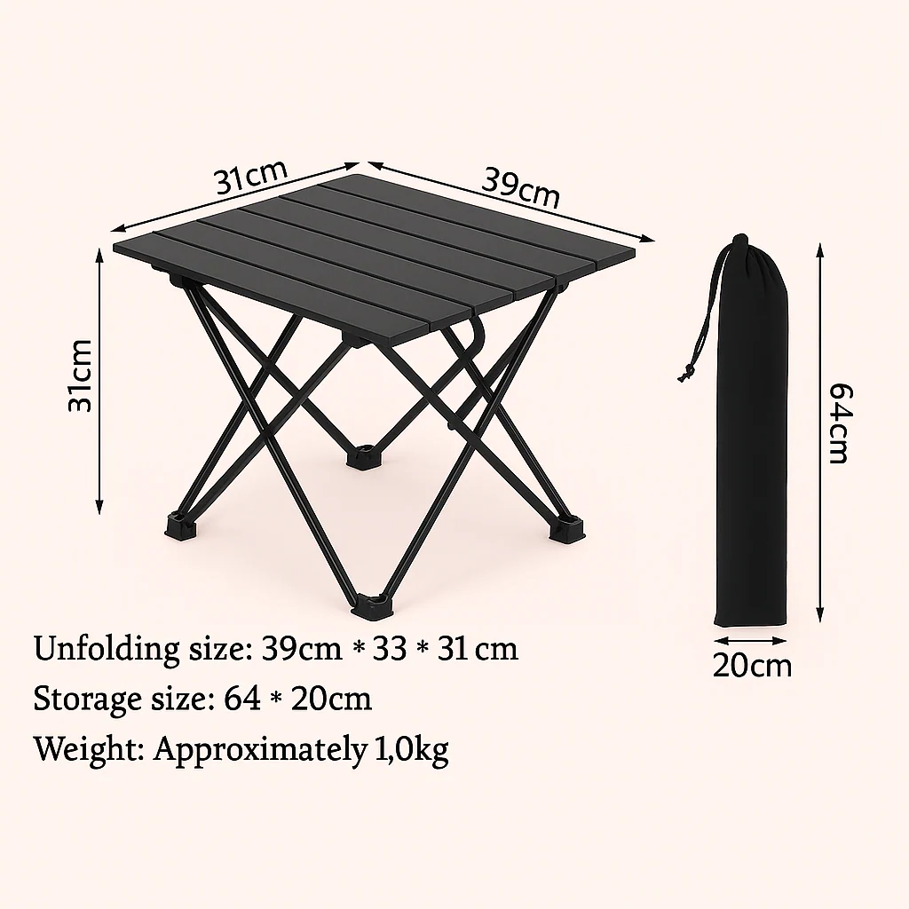 Bord i Sort Aluminium - Sammenklappeligt, Letv?gts Design Til Camping, Picnic - Small, Medium, Large