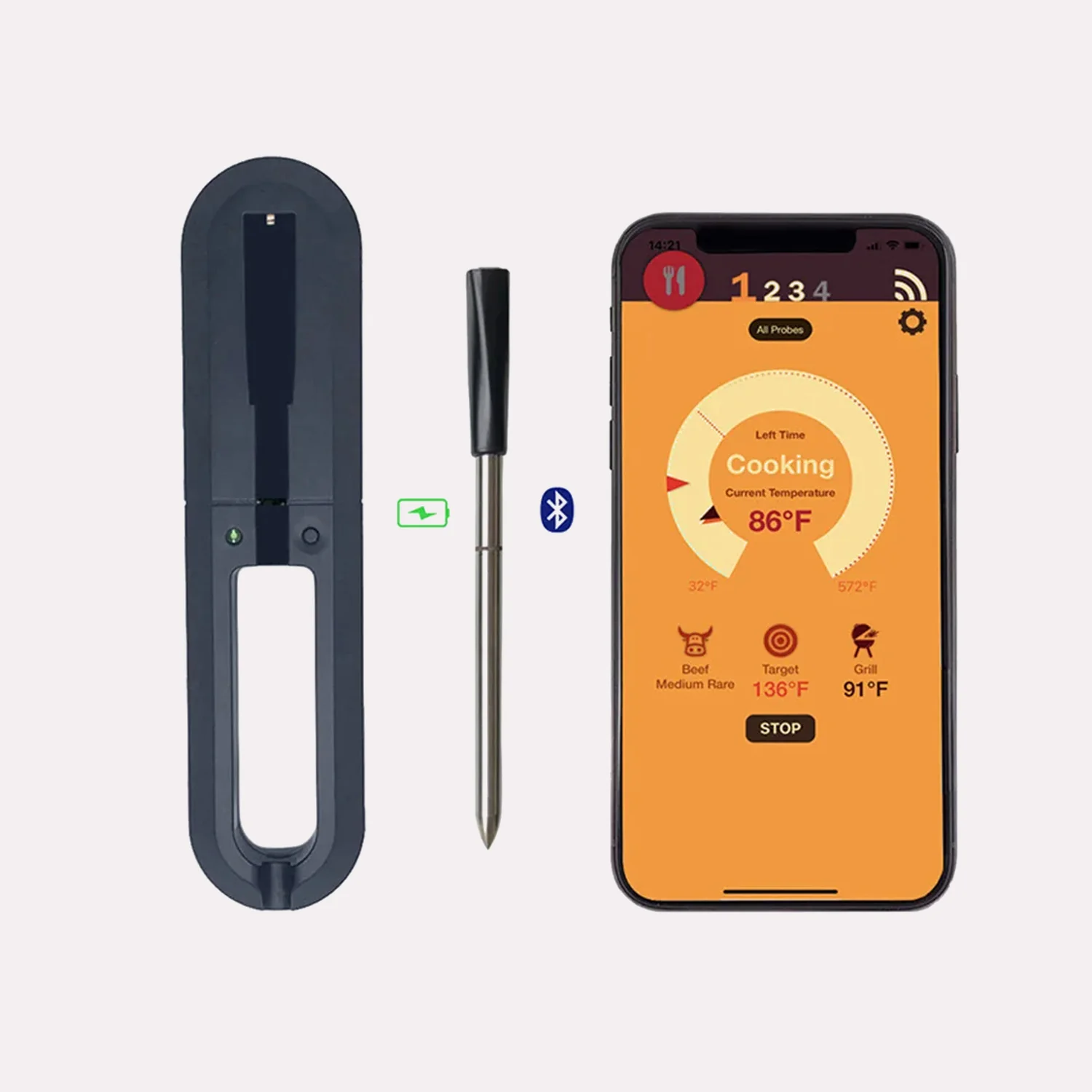 Stegetermometer med Bluetooth - Sølv & Sort, Trådløs Kontrol, 650 DKK, Metal & Plastik