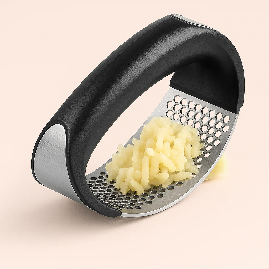 Design Rustfri Hvidløgspresser - Ergonomisk Sølv & Sort Køkkenredskab