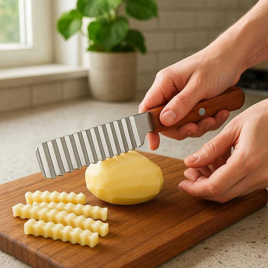Pommes Skærer i Klassisk Mat Finish - Silver og Brun, Rustfrit Stål, Træhåndtag