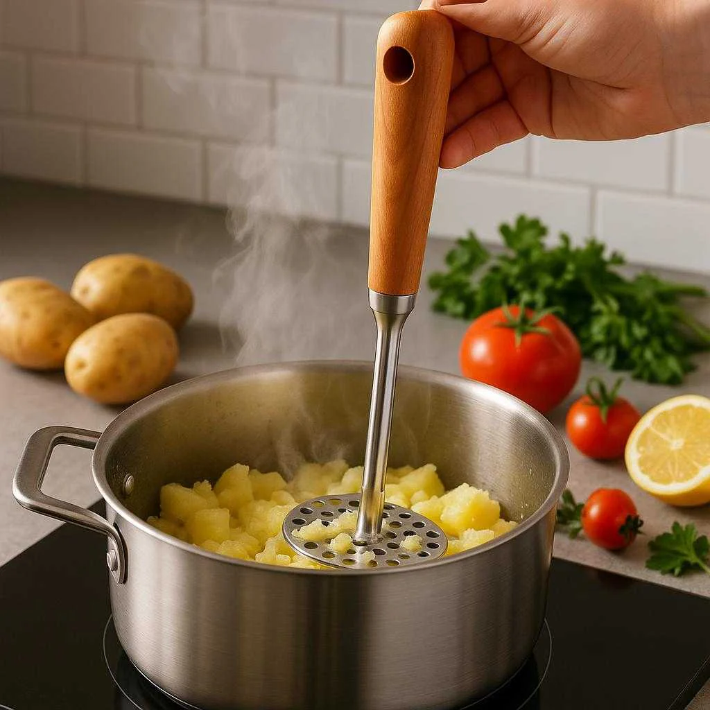 Kartoffelmoser i Rustfrit Stål - Sølv/Brun, Ergonomisk Træhåndtag, Robust Design