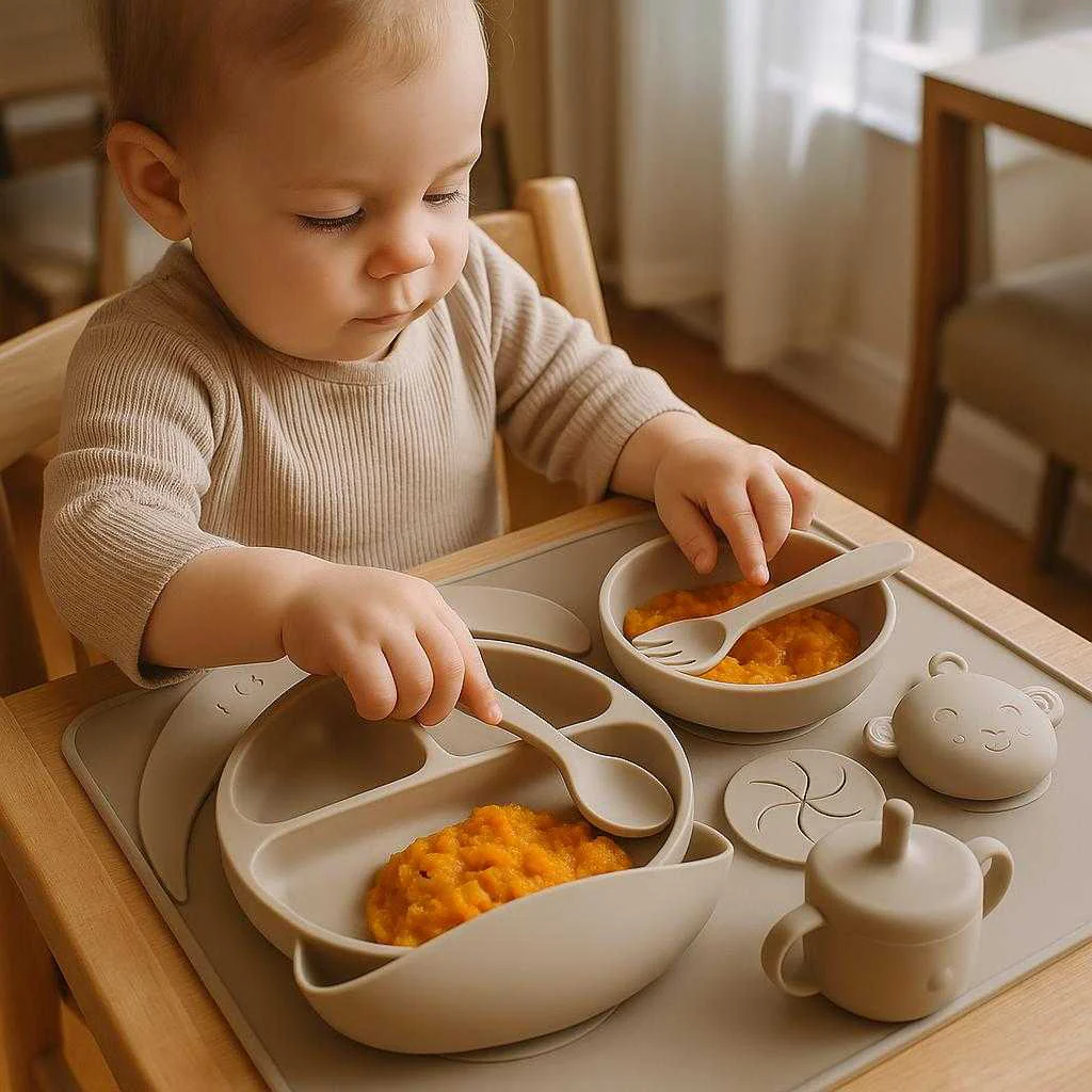 Bestik i Beige Silikone - Perfekt B?rneservice Til Babyer Med Sugekop Funktion
