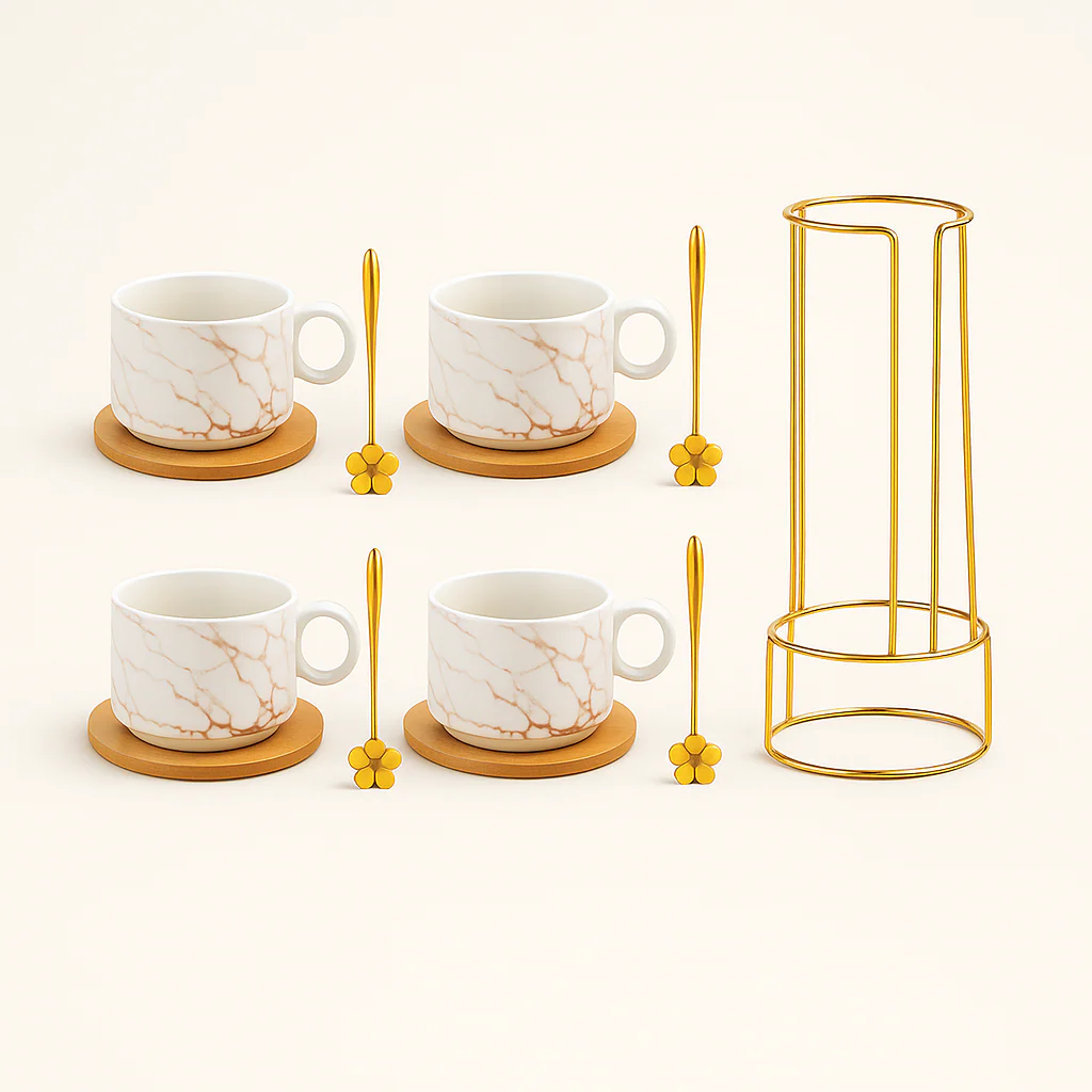 Holder i Keramik - Hvid og Sort Kaffekop med Marmorlook og Underkop