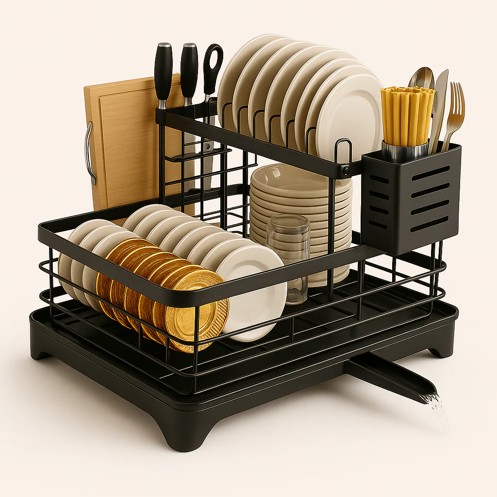 Opvaskestativ med To Niveauer - Sort & Hvid - Rustfrit Stål