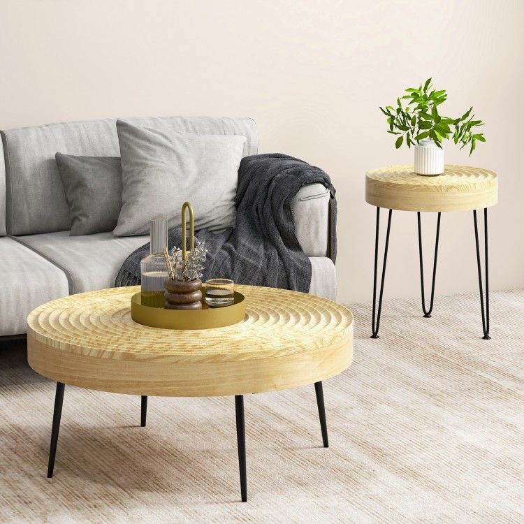 Set of 2 Solid Wood Ring Pattern Farmhouse Round Coffee Tables