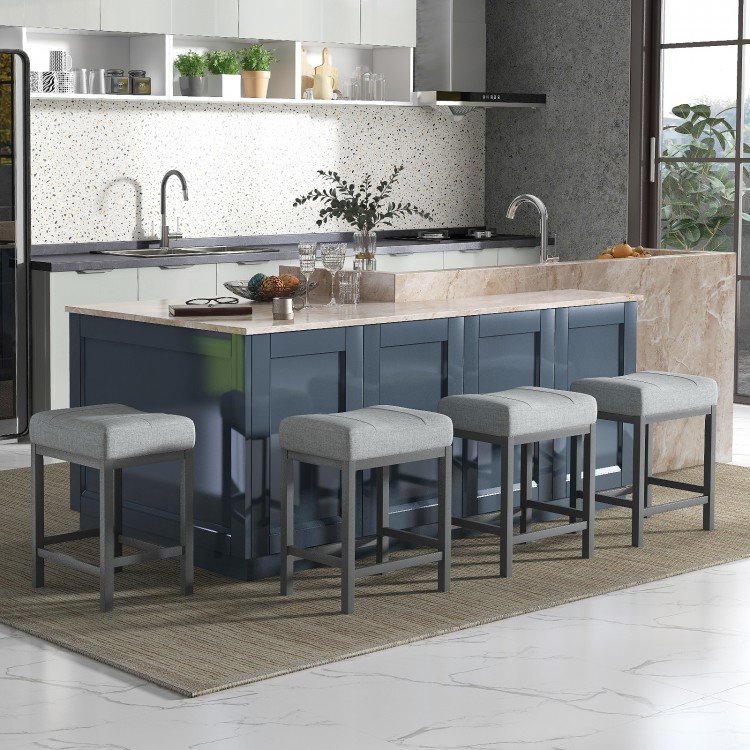 24.5 Inches Linen Fabric Saddle Stools Set of 2 with Cushioned Seat