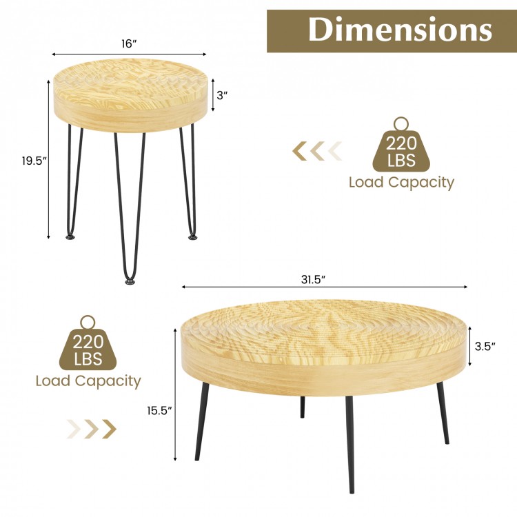 Set of 2 Solid Wood Ring Pattern Farmhouse Round Coffee Tables