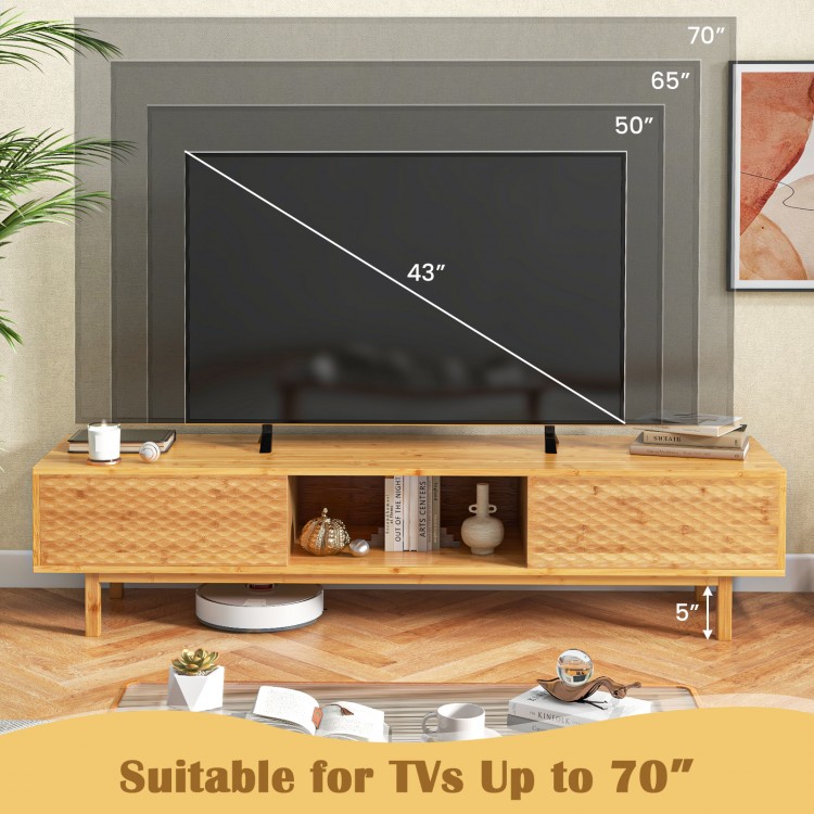 63 Inches Mid Century Modern Bamboo TV Stand with Sliding Doors