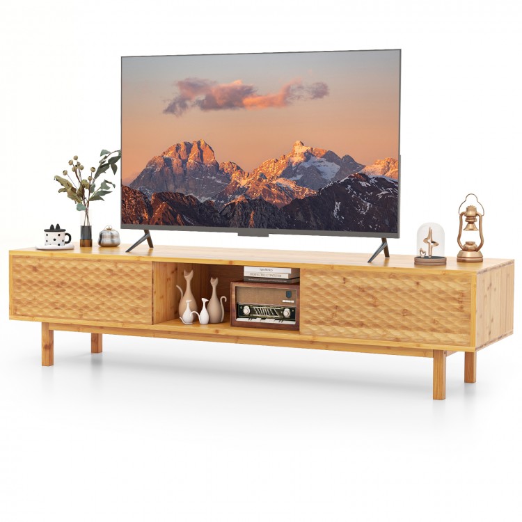 63 Inches Mid Century Modern Bamboo TV Stand with Sliding Doors