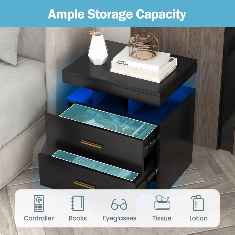 LED Nightstand with 2 Storage Drawers for Bedroom
