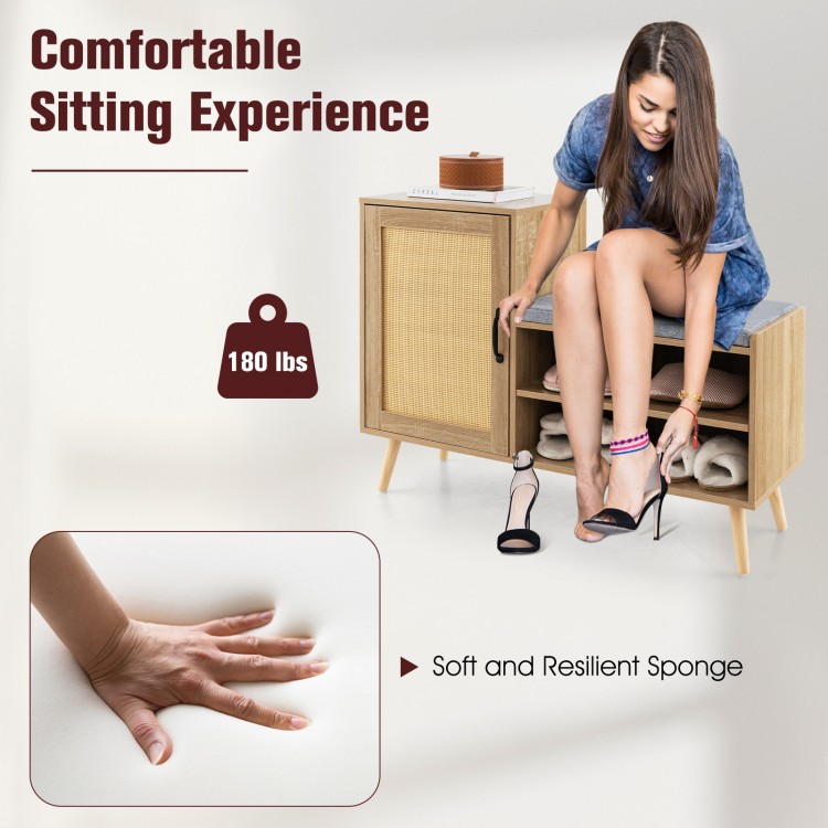 2-in-1 Rattan Shoe Cabinet with Bench Shoe Storage Bench with Washable Cushion