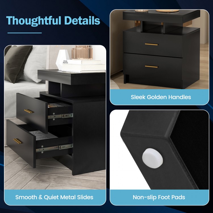 LED Nightstand with 2 Storage Drawers for Bedroom