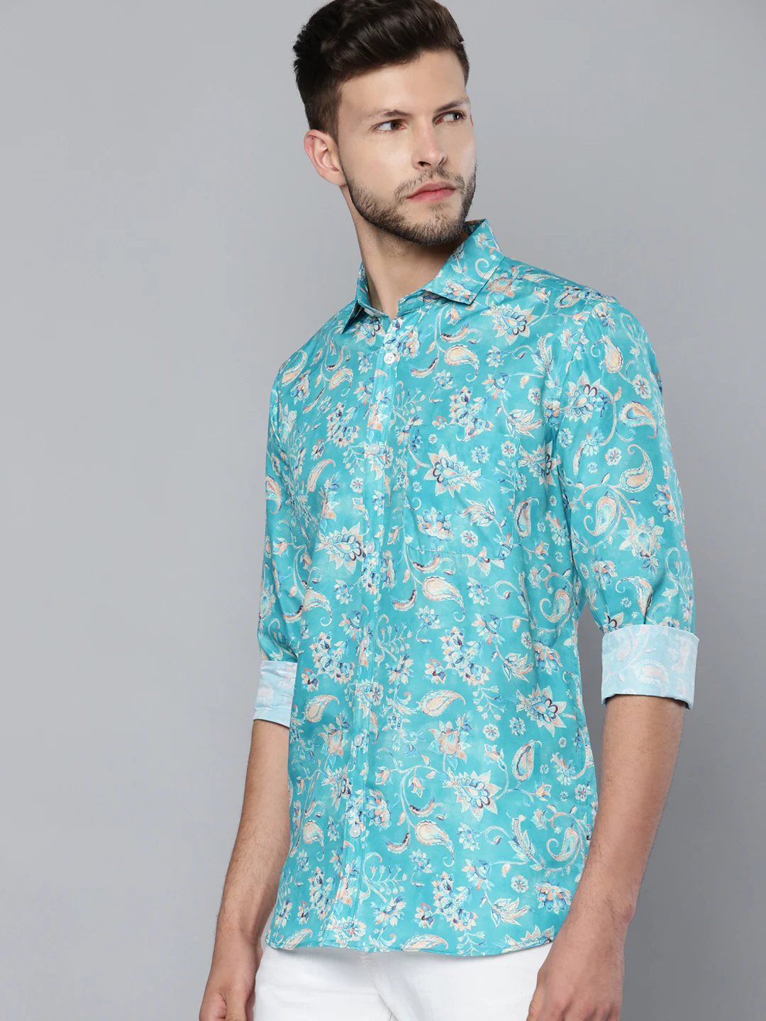 Men Turquoise Blue Smart Slim Fit Floral Printed Formal Shirt