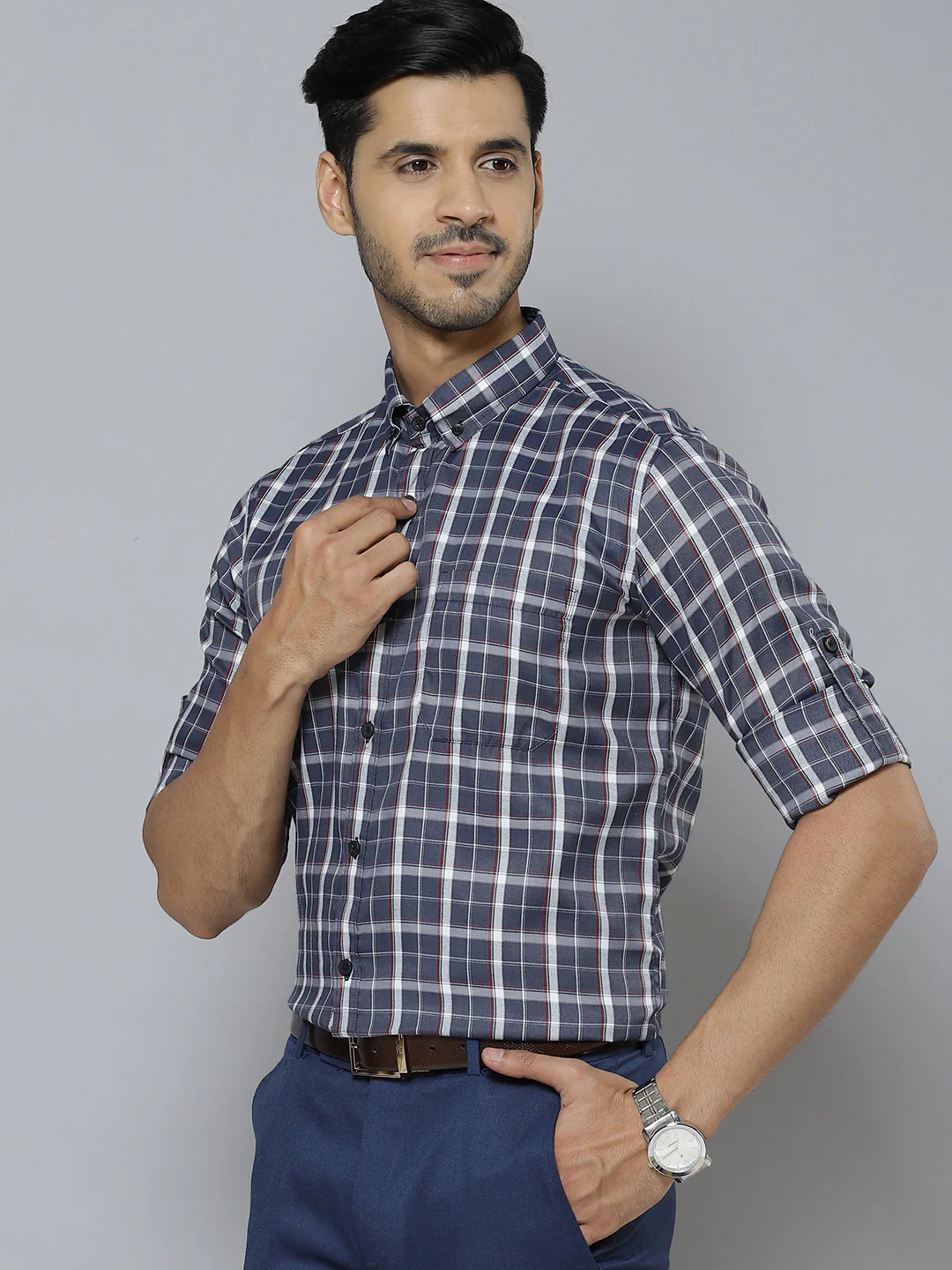 Grey And White: Checked Formal Shirt