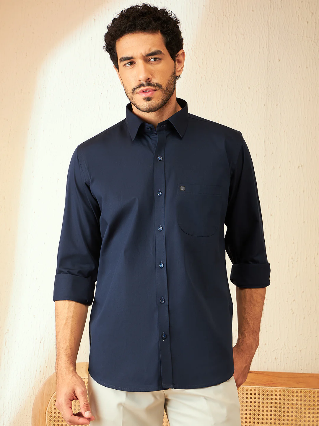 DENNISON Navy blue Smart Spread Collar Cotton Formal Shirt